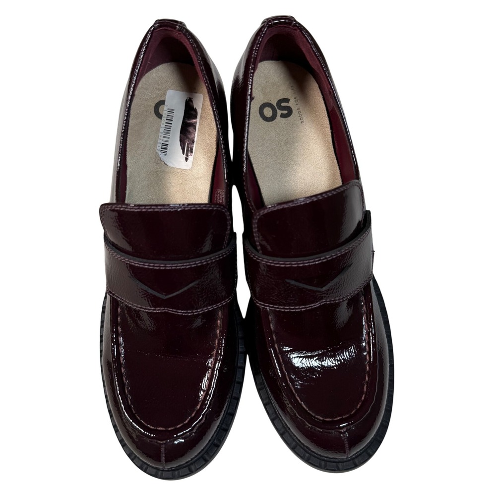 SO Burgundy Patent Penny Loafers 9 Dark Chunky Block Heel Comfort Officecore - Picture 6 of 12